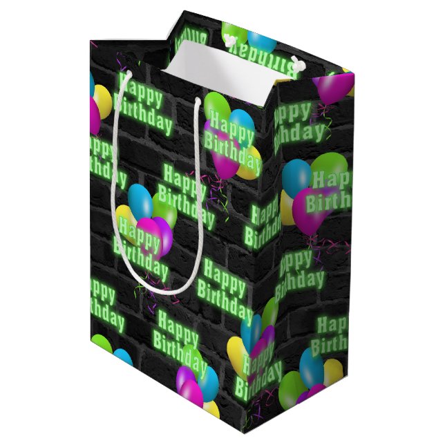 Sac Cadeau Moyen Nouvel anniversaire de Neon et ballons sur brique (Dos Angle)
