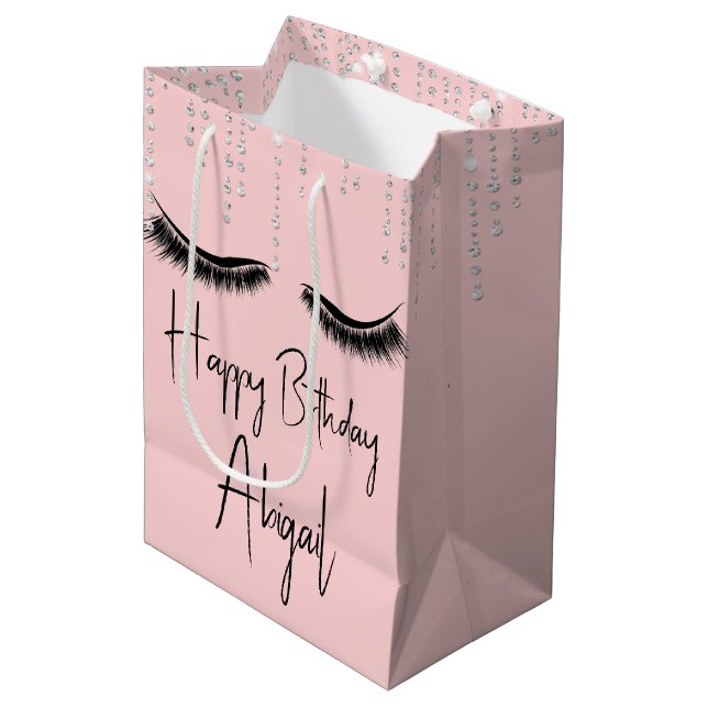 Sac Cadeau Moyen Oeil d'anniversaire avec bling sur rose (Devant Angle)