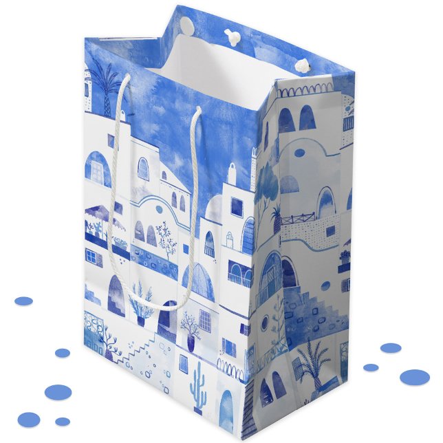 Sac Cadeau Moyen Oia Santorini peinture aquarelle (Santorini Greek Island watercolor art gift bag)