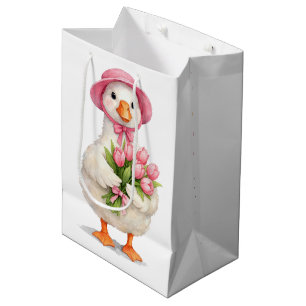 Sac Cadeau Moyen Oie blanche d'anniversaire avec tulipes roses