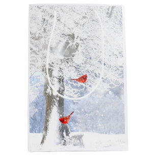 Sac Cadeau Moyen Oiseaux cardinaux rouges Arbres enneigés de Noël