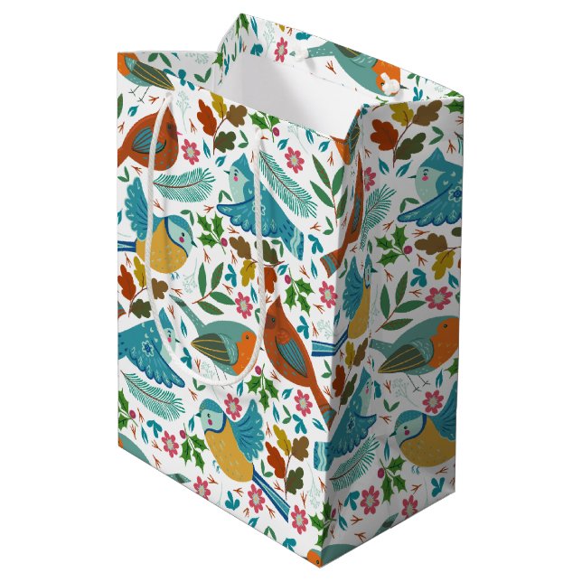 Sac Cadeau Moyen Oiseaux colorés avec symboles d'hiver et de Noël (Dos Angle)