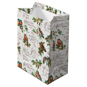 Sac Cadeau Moyen Oiseaux vintages, salutations de Noël et Holly