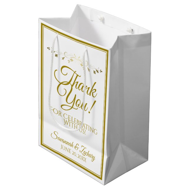 Sac Cadeau Moyen Or & blanc Elégant Mariage Merci (Devant Angle)