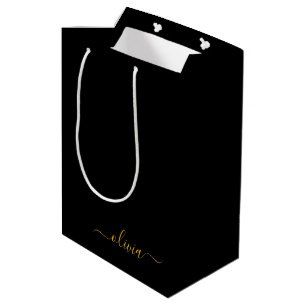Sac Cadeau Moyen Or moderne en or noir Monogramme Nom