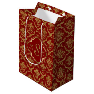 Sac Cadeau Moyen Or monogramme et Damas floraux rouges bordeaux