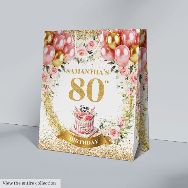Sac Cadeau Moyen Or mousseux Numéro 80e anniversaire Ballons rose (Sparkling Gold Number 80th Birthday Pink Balloon Medium Gift Bag)