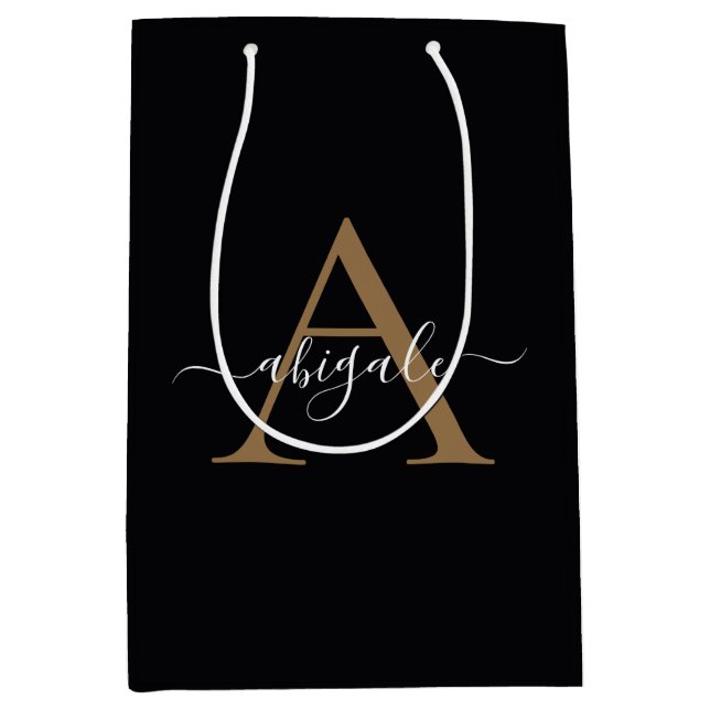Sac Cadeau Moyen Or noir de minuit monogrammé | Élégant minimaliste (Devant)