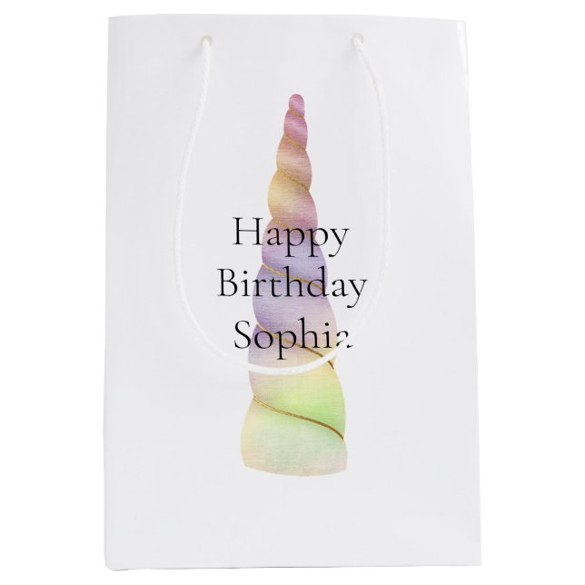 Sac Cadeau Moyen Or rose pourpre Lime Unicorne Anniversaire (Devant)