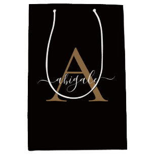 Sac Cadeau Moyen Or Sable Noir Monogrammé Élégant Minimaliste