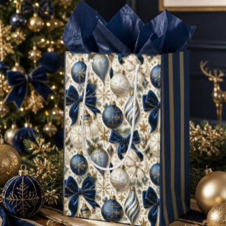 Sac Cadeau Moyen Ornements de Noël en bleu marine, ivoire et or de