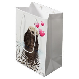 Sac Cadeau Moyen Otter mignonne avec Coeurs d'Amour Rose