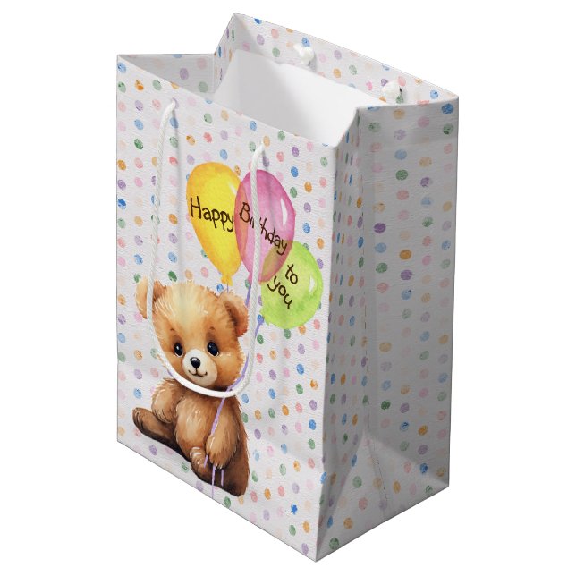 Sac Cadeau Moyen Ours D'Anniversaire Avec Ballons De Fête (Devant Angle)