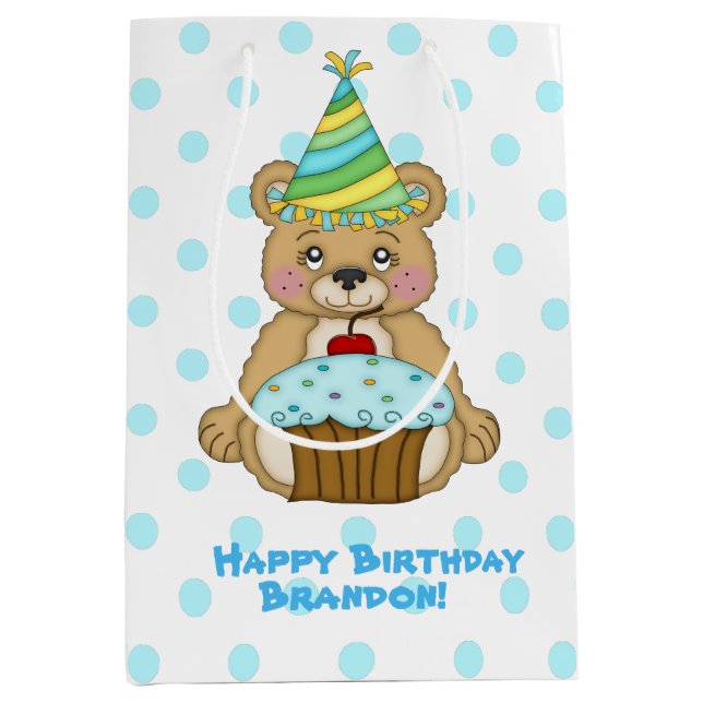 Sac Cadeau Moyen Ours de garçon d'anniversaire personnalisé (Devant)
