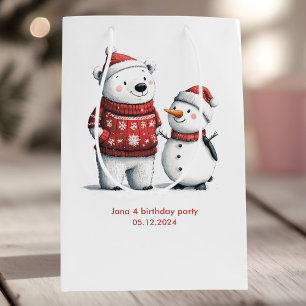 Sac Cadeau Moyen Ours d'hiver rouge et neige Winter Wonderland