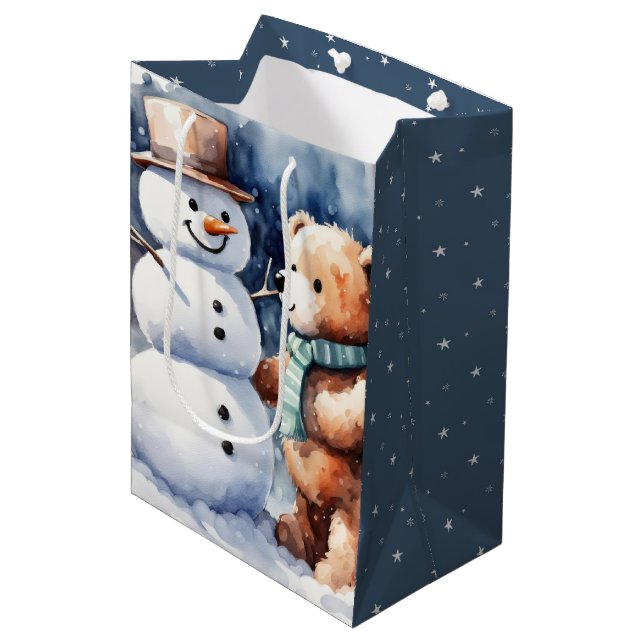 Sac Cadeau Moyen Ours En Conduite D'Hiver Et Snowman (Devant Angle)