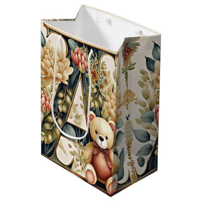 Sac Cadeau Moyen Ours en peluche floral lettre A (Devant Angle)