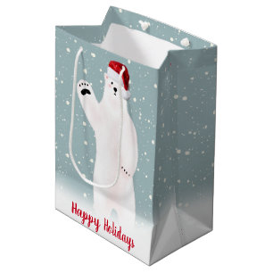Sac Cadeau Moyen Ours polaire de Noël dans des flocons de neige
