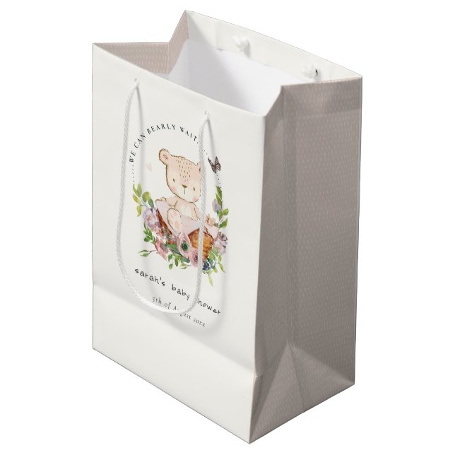 Sac Cadeau Moyen Ours Teddy Mignonne Dans Panier Fleur Baby shower  (Devant Angle)
