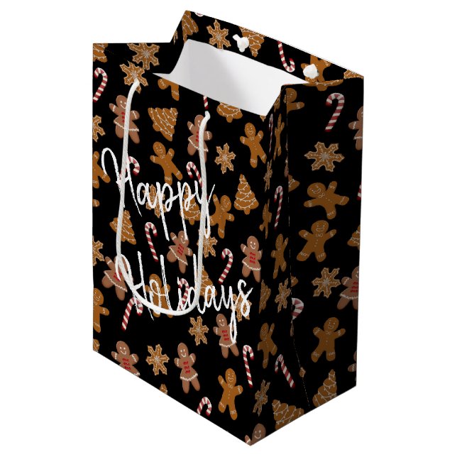 Sac Cadeau Moyen Pain d'épices Cookies et Sucres de canne sur Noir (Devant Angle)