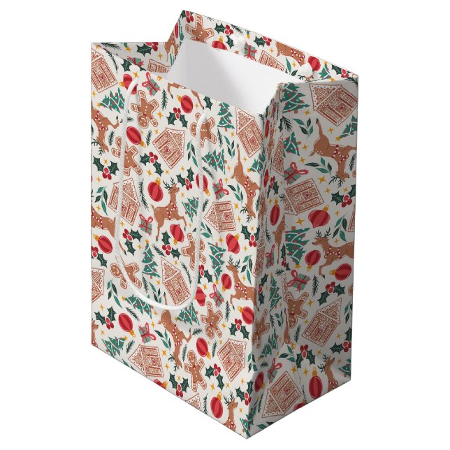 Sac Cadeau Moyen Pain d'épices, rennes et arbre de Noël (Devant Angle)