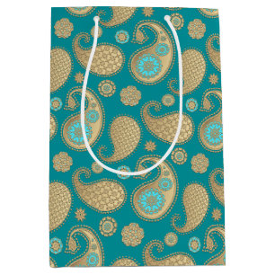 Sac Cadeau Moyen Paisley motif, Soft Gold sur Turquoise