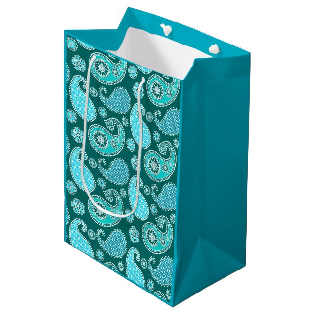 Sac Cadeau Moyen Paisley motif, Turquoise, Aqua et Blanc (Devant Angle)