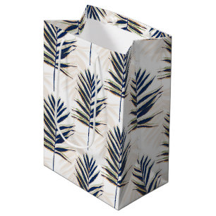 Sac Cadeau Moyen Palmier bleu moderne Feuille Gold Strots Blanc Des