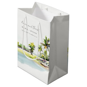 Sac Cadeau Moyen Palmiers côtiers tropicaux Mariage d'aquarelle