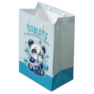 Sac Cadeau Moyen Panda Boire Bleu Boba Bubble Thé fête d'anniversai