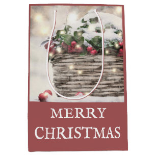 Sac Cadeau Moyen Panier de Noël Rustique Joyeux Holly Berry