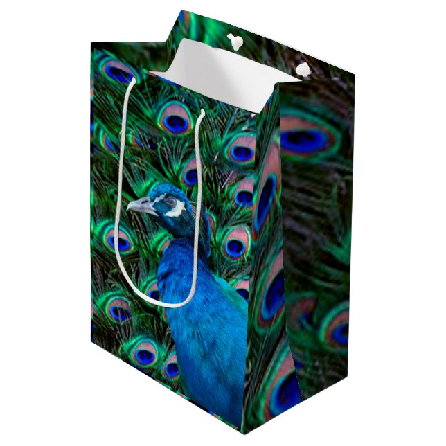 Sac Cadeau Moyen Paon et plume (Devant Angle)