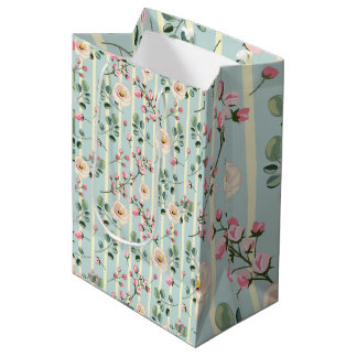 Sac Cadeau Moyen Papier d'emballage floral rayé bleu clair