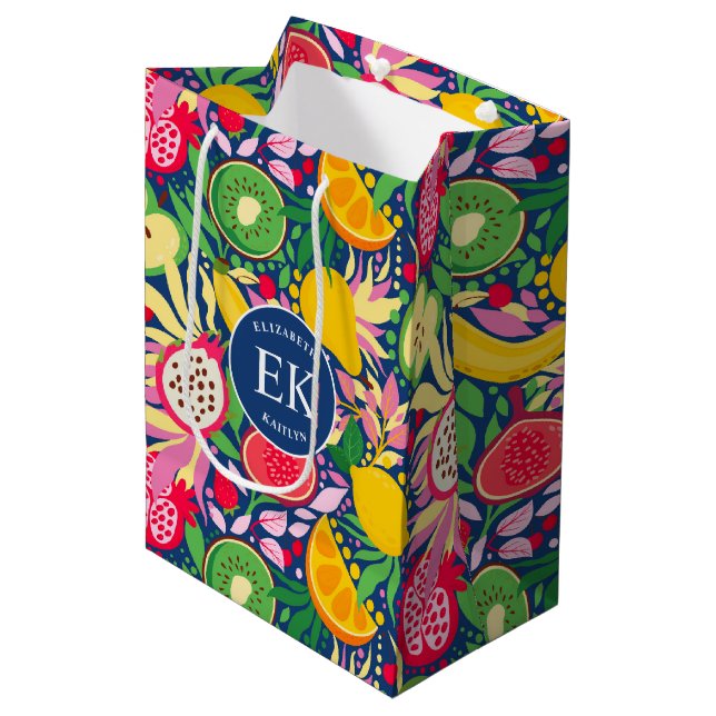 Sac Cadeau Moyen Papier Peint Aquarelle Été Monogramme Fruit Tropic (Devant Angle)