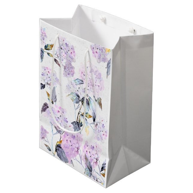 Sac Cadeau Moyen Papier Tissu d'Hydrangée violette en aquarelle (Devant Angle)