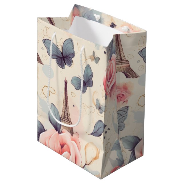 Sac Cadeau Moyen Papillon Tour Eiffel et Motif Rose (Devant Angle)