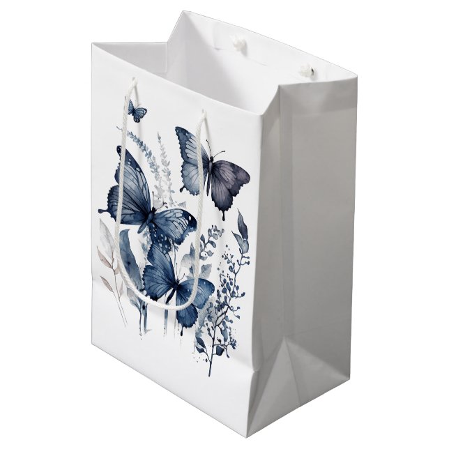 Sac Cadeau Moyen Papillons d'art Delft bleu et blanc avec fleurs (Devant Angle)