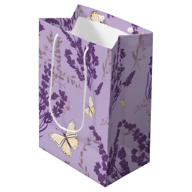 Sac Cadeau Moyen Papillons ivoires aux fleurs de lavande (Devant Angle)