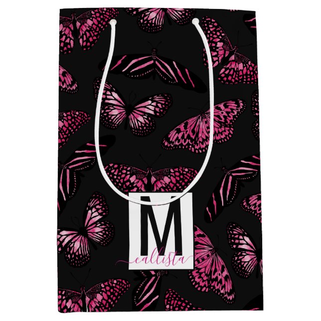 Sac Cadeau Moyen Papillons noirs roses Aquarelle Motif Monogramme (Devant)