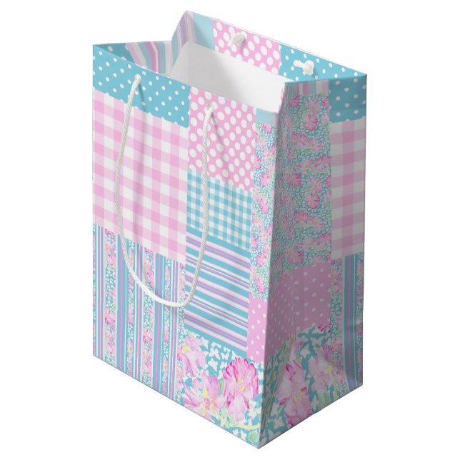 Sac Cadeau Moyen Papillons rose Faux Patchwork Medium Cadeau (Devant Angle)
