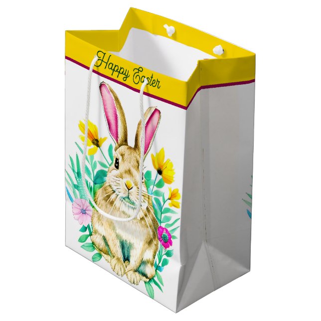 Sac Cadeau Moyen Pâques d'aquarelle lapin et fleurs (Devant Angle)