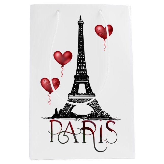 Sac Cadeau Moyen Paris, Tour Eiffel et Ballons du Coeur Rouge (Devant)