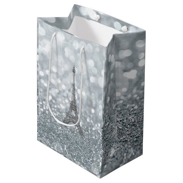 Sac Cadeau Moyen Parties scintillant Argent Sparkle Bling Tour Eiff (Devant Angle)