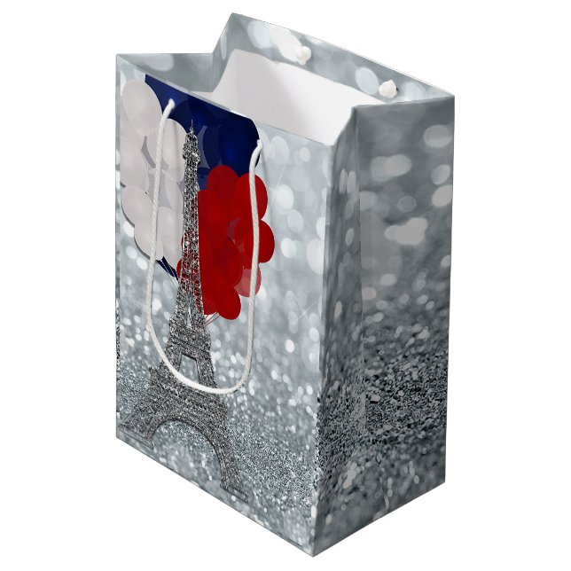 Sac Cadeau Moyen Parties scintillant Argent Tour Eiffel Rouge Blanc (Devant Angle)