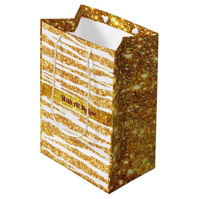 Sac Cadeau Moyen Parties scintillant blanche or Boho Populaire Tige (Devant Angle)