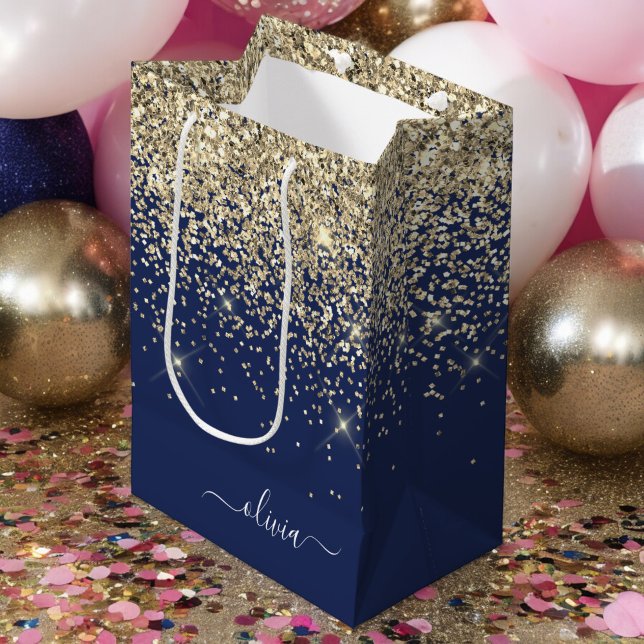 Sac Cadeau Moyen Parties scintillant Bleu de la Marine d'or Script  (Créateur téléchargé)