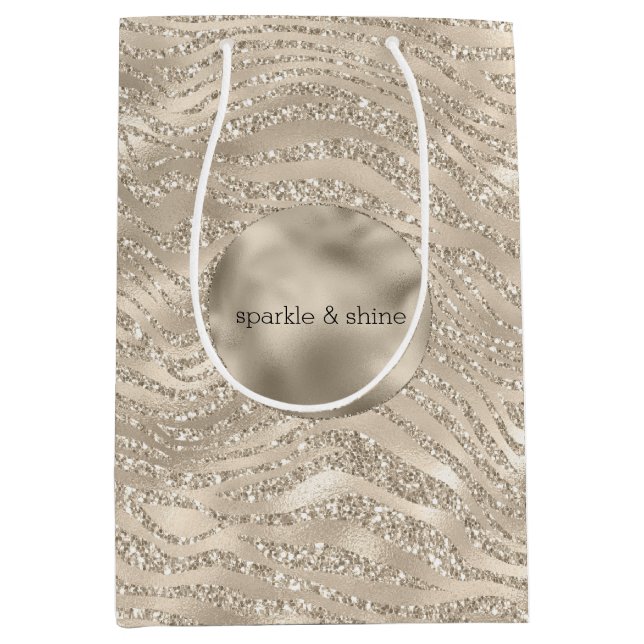 Sac Cadeau Moyen Parties scintillant Champagne d'or Zebra Imprimer  (Devant)