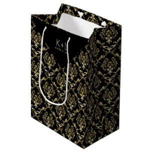 Sac Cadeau Moyen Parties scintillant D'Or Noir Et Faux Damas Floral