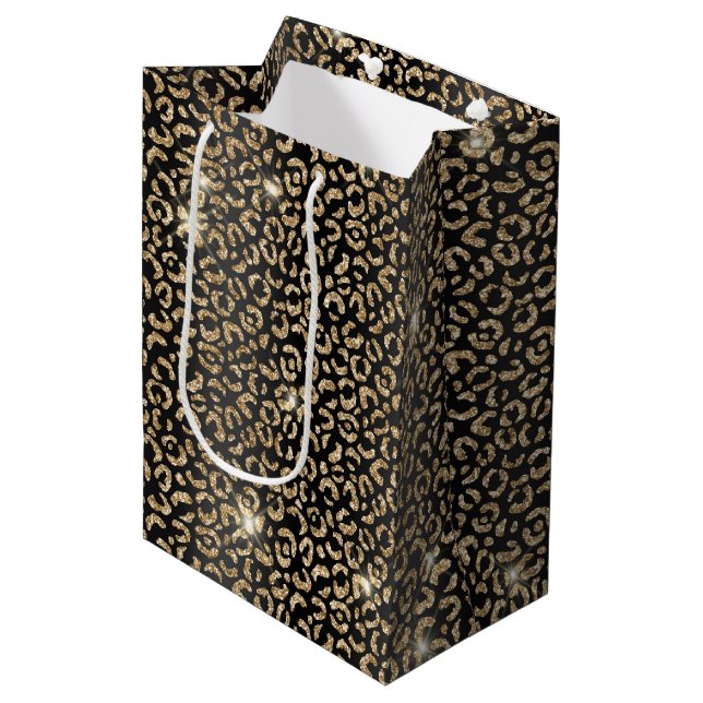 Sac Cadeau Moyen Parties scintillant d'or noir Leopard (Devant Angle)