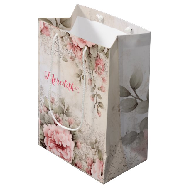Sac Cadeau Moyen parties scintillant en or rose, feuille rose, emba (Devant Angle)